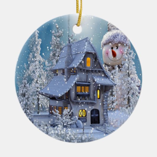 Christmas Tree Decor Winter White Snowman Blue セラミックオーナメント (正面)