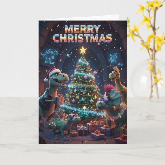 Christmas Tree Dinosaur Card - Jurassic Dino-mite  カード (黄色い花)