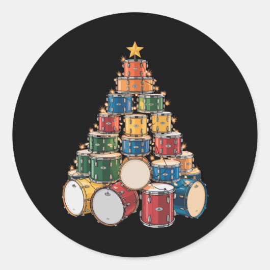 Christmas Tree Drummer Music Holiday Drum Band ラウンドシール (正面)