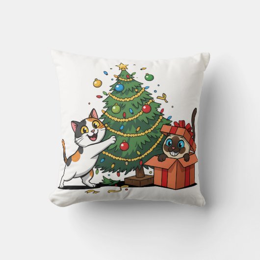Christmas Tree & Gift Surprise Cats  クッション (正面)