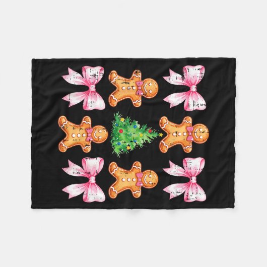 Christmas Tree Gingerbread Man Bow Pattern Xmas Gi フリースブランケット (正面(横))