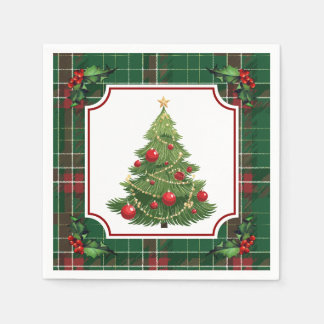 Christmas Tree Green Plaid with Holly スタンダードカクテルナプキン
