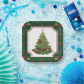 Christmas Tree Green Plaid with Holly ペーパープレート (パーティー)
