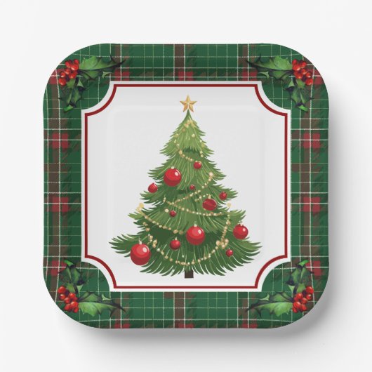 Christmas Tree Green Plaid with Holly ペーパープレート (正面)