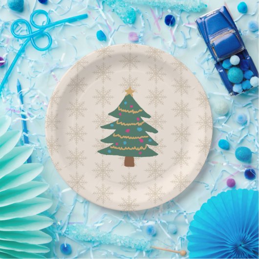 Christmas Tree Illustration Snowflake Pattern ペーパープレート (パーティー)