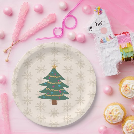 Christmas Tree Illustration Snowflake Pattern ペーパープレート (パーティー)