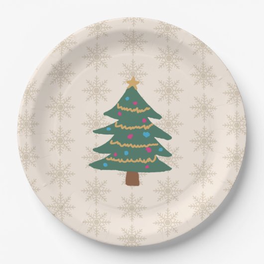 Christmas Tree Illustration Snowflake Pattern ペーパープレート (正面)
