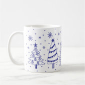 Christmas Tree in Snow Blue and White Inky Doodles コーヒーマグカップ (左)
