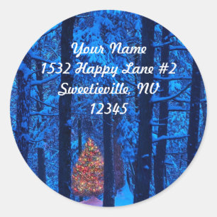 Christmas Tree in the Woods Addressステッカー ラウンドシール