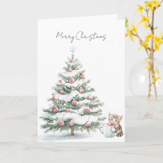 Christmas Tree Kitten Peppermint カード (黄色い花)