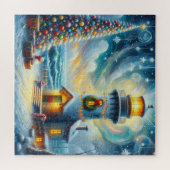 Christmas Tree Lighthouse Nautical Coastal Blue ジグソーパズル (横)