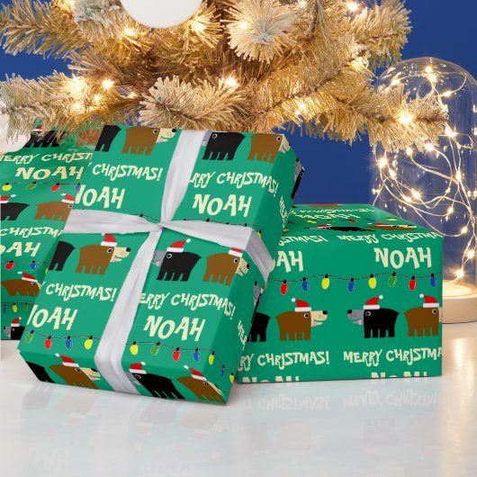 Christmas tree lights with Santa bear cartoon ラッピングペーパー (クリスマス)