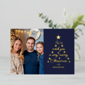 Christmas Tree Navy Blue Gold Stars Family Photo  箔シーズンカード (立ち正面)
