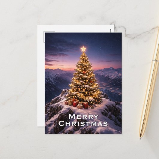 Christmas tree on top of a mountain custom シーズンポストカード (正面/裏面インサイチュ)