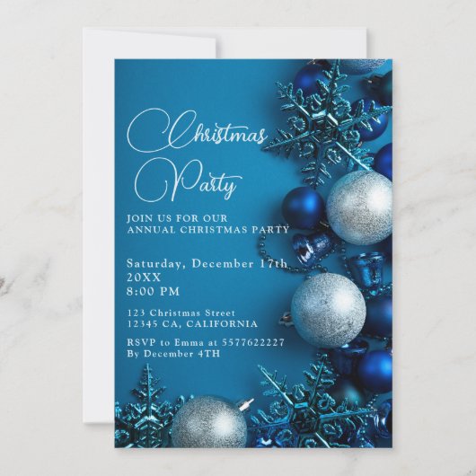 Christmas Tree Ornament Party Blue  招待状 (正面)