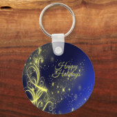 Christmas Tree Party Gold Stars Navy Blue Holidays キーホルダー (正面)