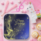 Christmas Tree Party Gold Stars Navy Blue Holidays ペーパープレート (パーティー)