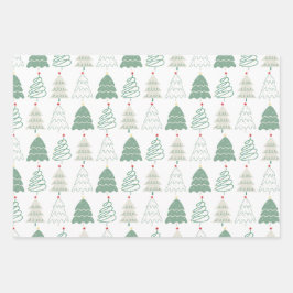 Christmas Tree Pattern in Retro Green Blue Russet ラッピングペーパーシート