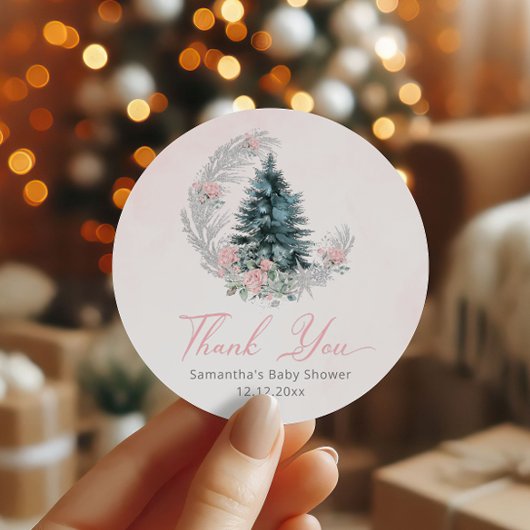 Christmas tree Pink Silver Thank you ラウンドシール