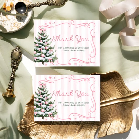Christmas Tree Pink Winter Baby Shower Thank You  カード