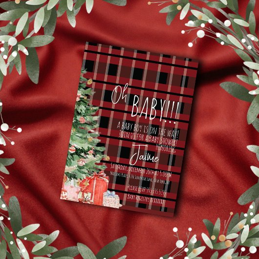 Christmas Tree Plaid Stripes Baby Shower   招待状
