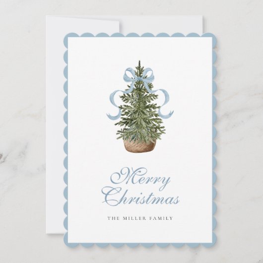 Christmas Tree Preppy Bow Blue Christmas シーズンカード (正面)