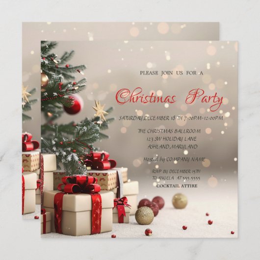 Christmas Tree Presents Bokeh Corporate Christmas 招待状 (正面/裏面)