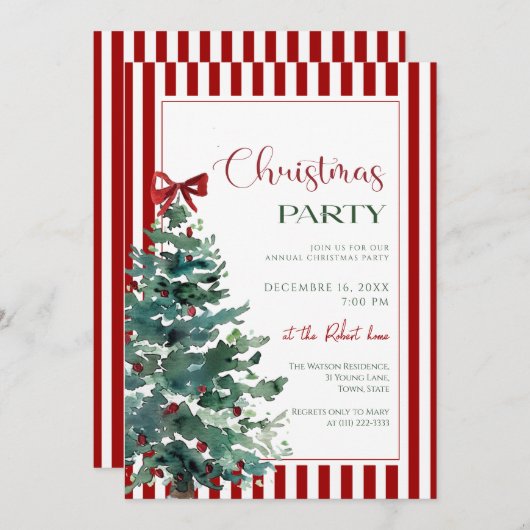  Christmas tree red bow Holiday Party Invitation 招待状 (正面/裏面)