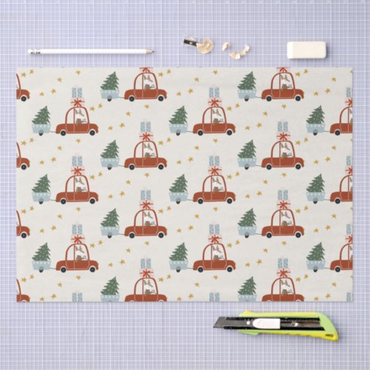 Christmas Tree Red Car Illustration  薄葉紙 (クラフト)