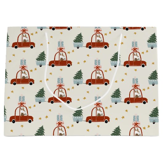 Christmas Tree Red Car Illustration Gift Bag ラージペーパーバッグ (正面)
