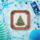 Christmas Tree Red Plaid with Holly ペーパープレート (パーティー)