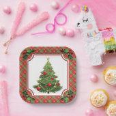 Christmas Tree Red Plaid with Holly ペーパープレート (パーティー)