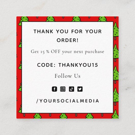 Christmas Tree Red Thank You スクエア名刺 (裏面)