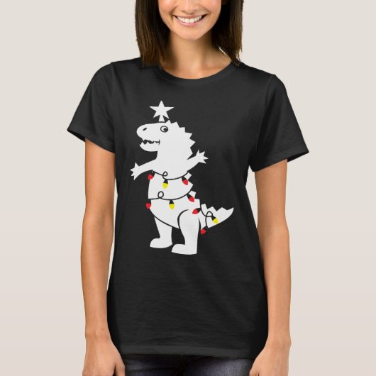 Christmas Tree Rex Dinosaur Xmas Lights Rex Pun Jo Tシャツ (正面)