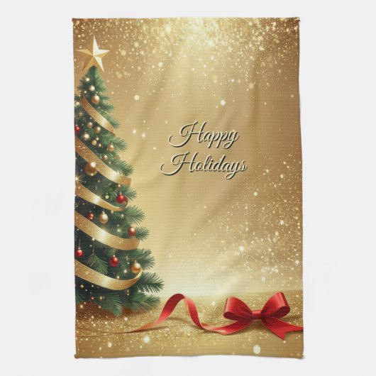 Christmas Tree Ribbons Holiday Kitchen Towel キッチンタオル (縦)
