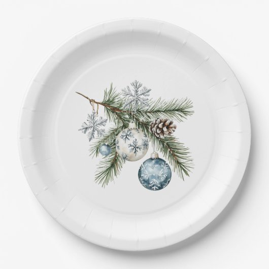 Christmas Tree Silver Snowflakes Blue Ornaments ペーパープレート (正面)
