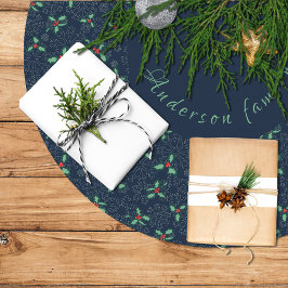 Christmas tree skirt, holly and snowflakes on blue ブラッシュドポリエステルツリースカート