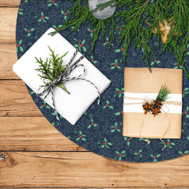 Christmas tree skirt, holly and snowflakes on blue ブラッシュドポリエステルツリースカート