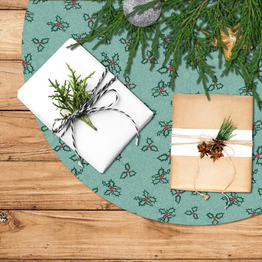 Christmas tree skirt, holly and snowflakes on blue ブラッシュドポリエステルツリースカート