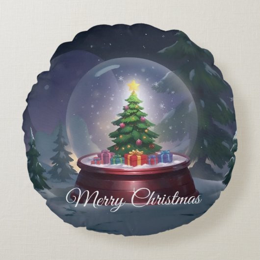 Christmas Tree Snow Globe ラウンドクッション (正面)