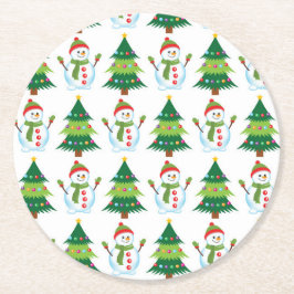 Christmas Tree Snowman Cute Holiday Cute Pattern 6 ラウンドペーパーコースター