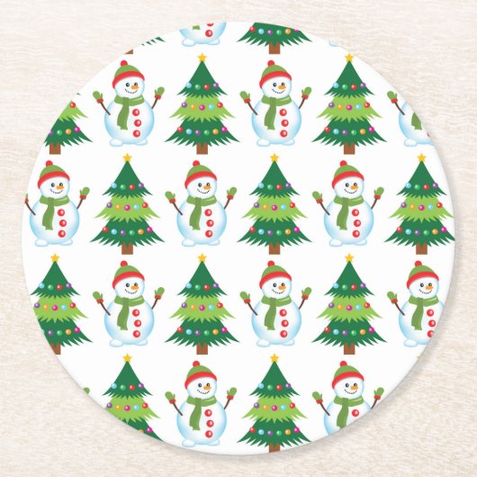 Christmas Tree Snowman Cute Holiday Cute Pattern 6 ラウンドペーパーコースター (正面)