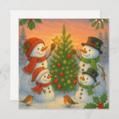 Christmas Tree Snowman Family In Snowy Sunset シーズンカード (正面/裏面)