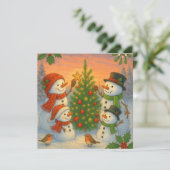 Christmas Tree Snowman Family In Snowy Sunset シーズンカード (スタンド正面)