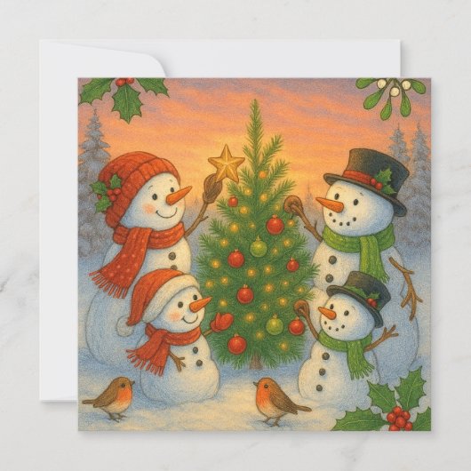 Christmas Tree Snowman Family In Snowy Sunset シーズンカード (正面)