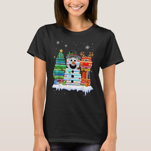Christmas Tree Snowman Reindeer Book Stack Librari Tシャツ (正面)