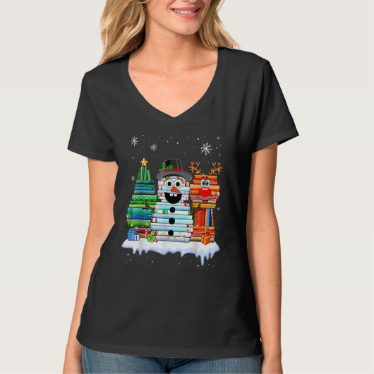 Christmas Tree Snowman Reindeer Book Stack Librari Tシャツ (正面)