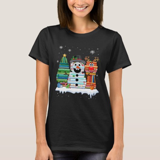 Christmas Tree Snowman Reindeer Book Stack Librari Tシャツ (正面)