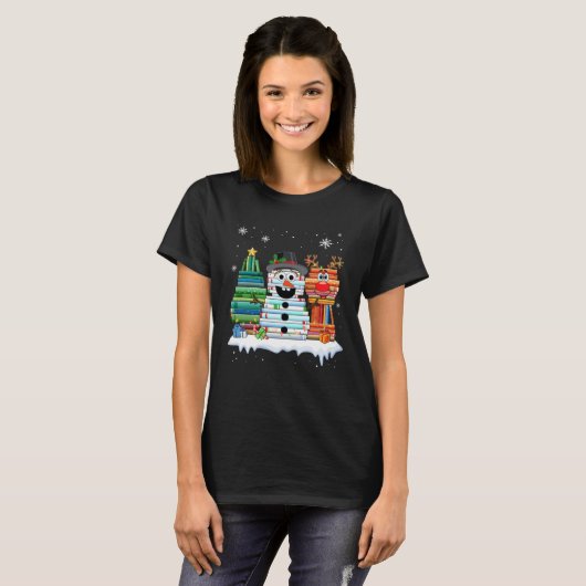 Christmas Tree Snowman Reindeer Book Stack Librari Tシャツ (正面フル)