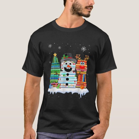 Christmas Tree Snowman Reindeer Book Stack Tee Lib Tシャツ (正面)